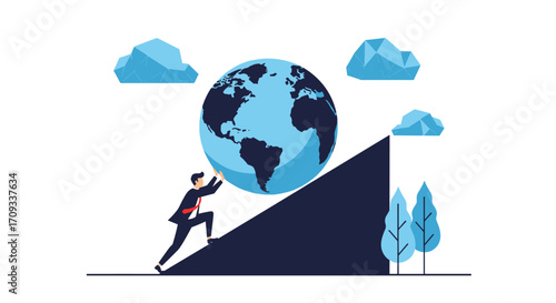 A businessman pushing a large globe up a steep incline with effort.