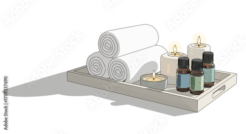 Peaceful spa setting with aromatherapy essential oils, rolled white towels, and glowing candles on a wooden tray for relaxation, a Vector Illustration