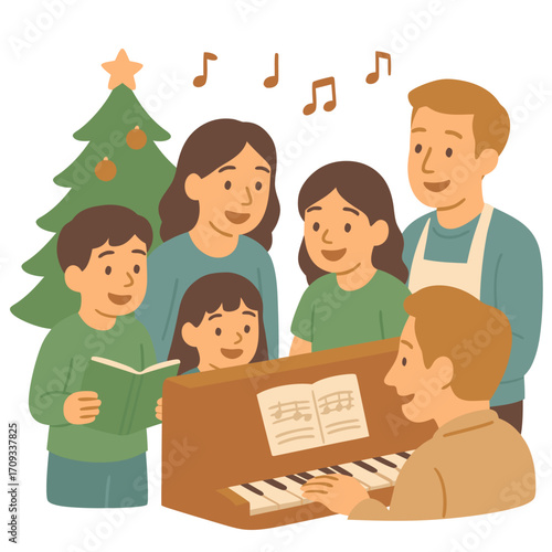 Vector illustration of family singing with piano near Christmas tree. Festive mood, music and joy during holiday celebration at home