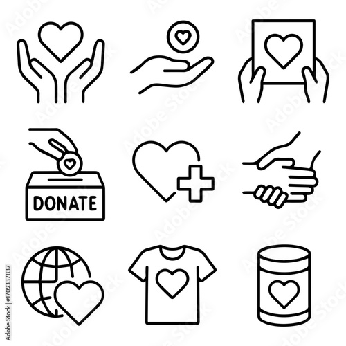 Charity and Donation Icon Set Hands Heart Coin Box Globe and TShirt.