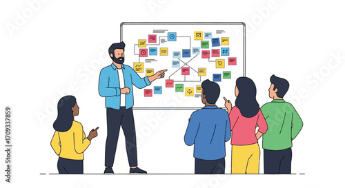 Male speaker gives a presentation to an audience, pointing at a mind map on a whiteboard during a corporate training seminar. Vector Illustration