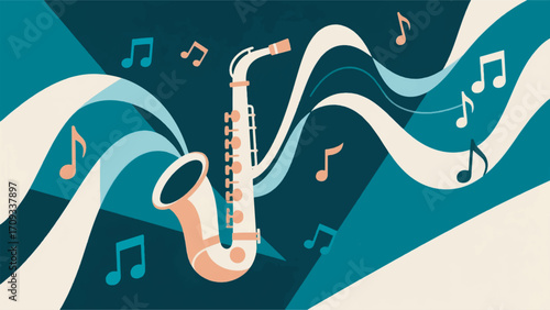 Illustration Of A Saxophone With Flowing Wavy Ribbons Vector Design Template