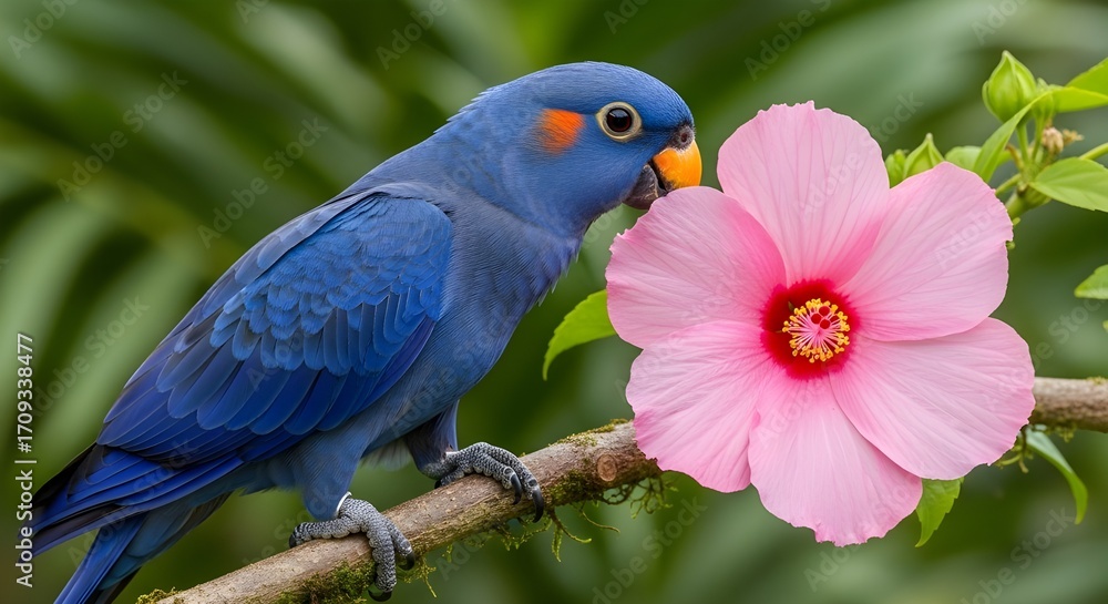 Obraz premium Vibrant Blue Bird on Pink Hibiscus Branch - Tropical Nature, Exotic Wildlife, Colorful Floral Beauty