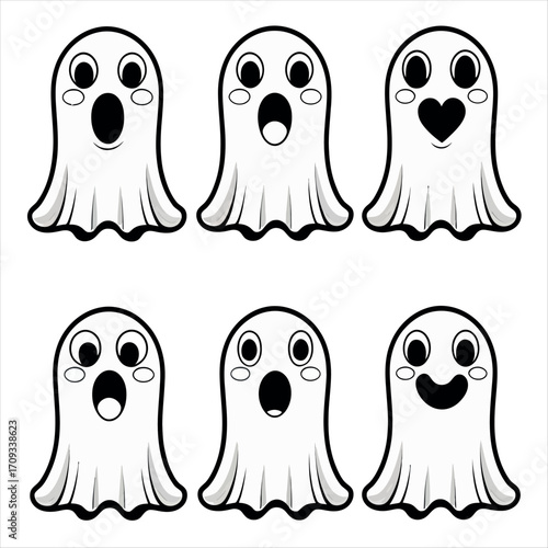Vector art of group of cute cartoon ghosts with different facial expressions