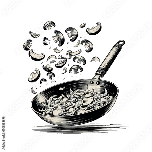Vector art of frying pan with mushrooms and onions, vector illustration