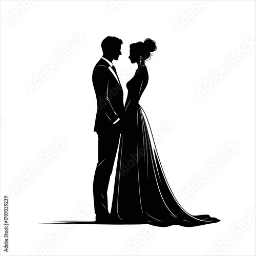Vector art of silhouette of a bride and groom holding hands