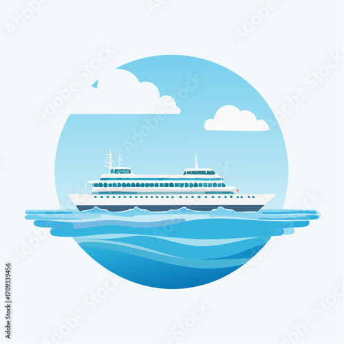 Cruise ship sailing on calm ocean, under a partly cloudy sky.