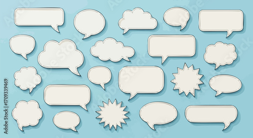Blank speech bubbles and thought clouds scattered across a vibrant blue background for your message