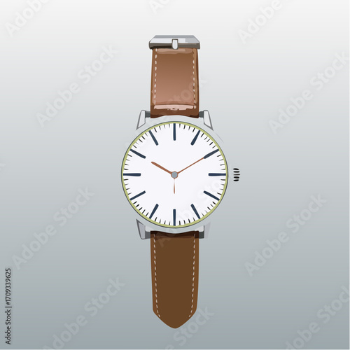 Classic wristwatch with brown leather strap, silver case, and simple white face.