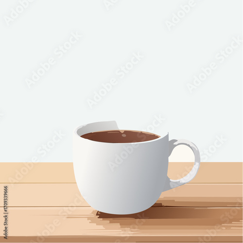 A steaming cup of coffee rests on a light wooden table.
