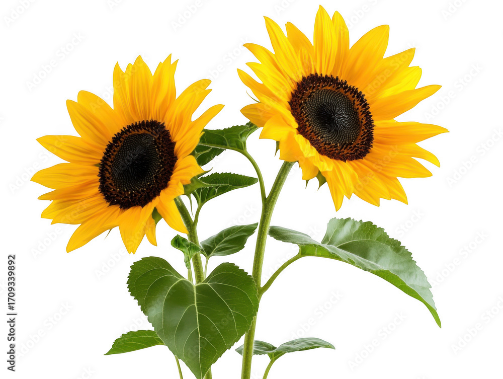 Fototapeta premium Two vibrant sunflowers with bright yellow petals and dark centers against a black background stand tall