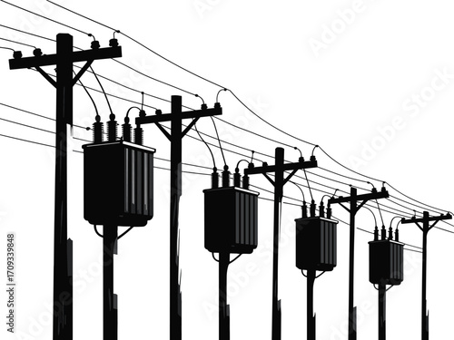 Utility poles, electrical transformers, power lines, energy distribution, urban infrastructure, electricity network, high voltage, industrial design, blue highlights, silhouetted poles,