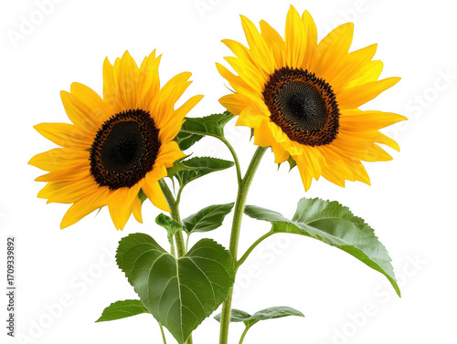 Two vibrant sunflowers with bright yellow petals and dark centers against a black background stand tall