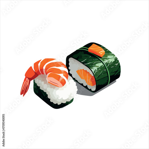 Vector art of sushi roll with shrimp and salmon