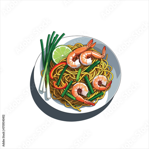 Illustration of a delicious plate of noodles with shrimp