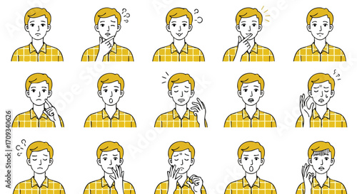 Expressive young man shows range of emotions and feelings with different facial expressions and gestures
