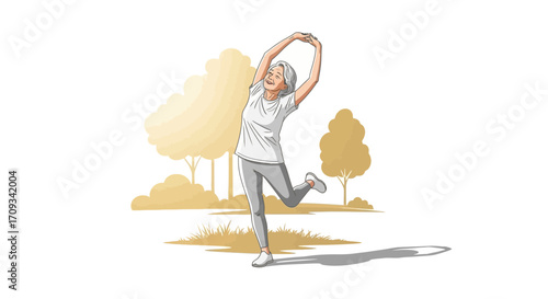 Happy senior woman stretching outdoors.