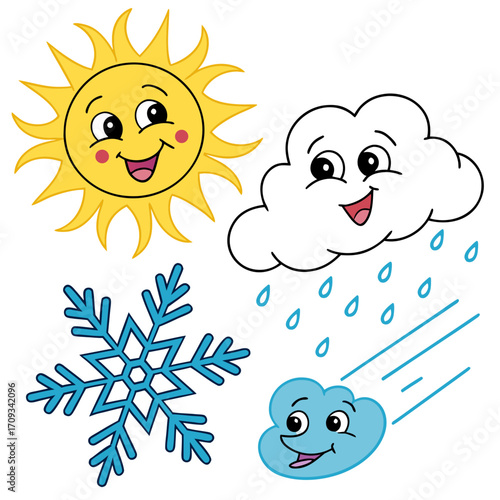 Illustration of four seasons with smiling sun, cloud with rain, snowflake and wind cute cartoon weather icons for kids