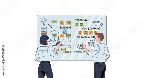 Business professionals collaborating on a strategic flowchart, illustrating concepts of teamwork, brainstorming, and innovation on a clear glass board