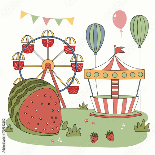 Vector art of a whimsical illustration featuring a watermelon, ferris wheel, carousel, balloons, and strawberries, creating a playful and summery scene