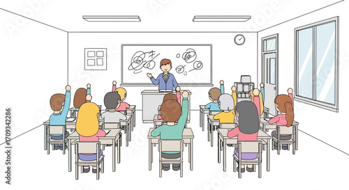 Engaged students raising hands in a classroom during an interactive lesson about a complex subject with their teacher