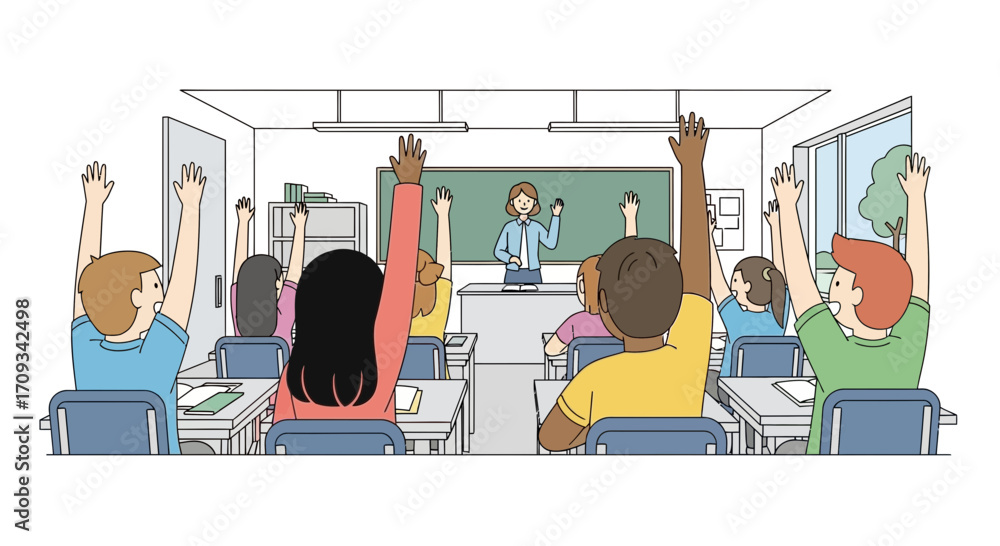 Fototapeta premium Students raising their hands in a classroom during a lesson with teacher at the front