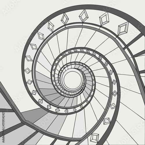 Vector art of an abstract illustration of a spiral staircase, creating a mesmerizing and geometric pattern, perfect for architectural designs