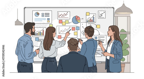 Team Collaboration and Analysis A Diverse Group of Professionals Engaged in Strategic Planning and Data Visualization on a Whiteboard
