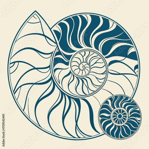 Vector art of detailed illustration of a nautilus shell, showcasing its intricate spiral pattern and elegant design, , perfect for marine themes