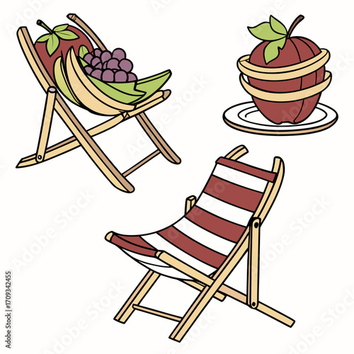 Vector art of charming illustration of beach deck chairs with fruits, evoking a sense of relaxation and summer vacation