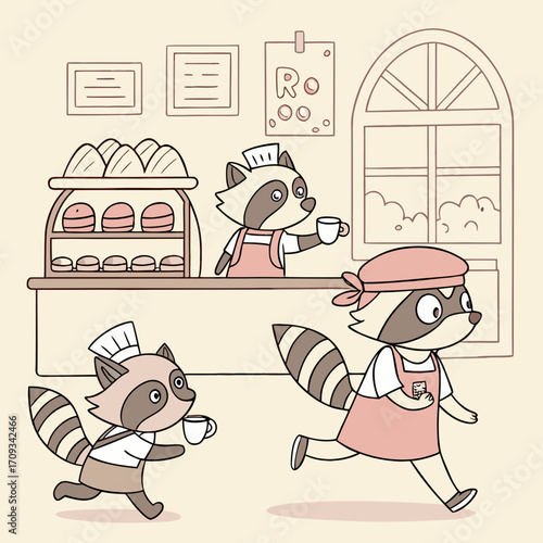 Vector art of delightful illustration of raccoons working in a bakery, showcasing their culinary skills and teamwork in a charming indoor setting