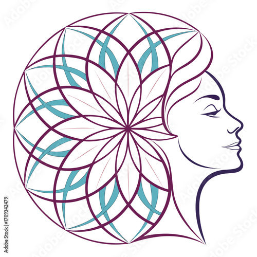 Vector art of elegant illustration of a womans profile with a geometric floral design forming her hair, , symbolizing beauty and nature