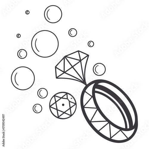 Vector art of elegant diamond ring with bubbles, a symbol of love and commitment, perfect for invitations and decorations