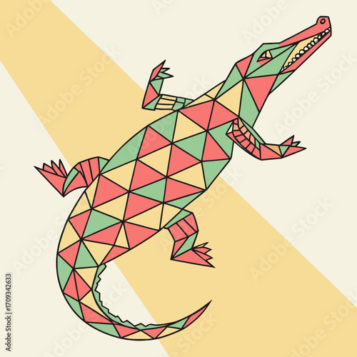 Vector art of geometric alligator illustration on a yellow background the alligator is made up of triangles in shades of green, red, and yellow the background is a light yellow color