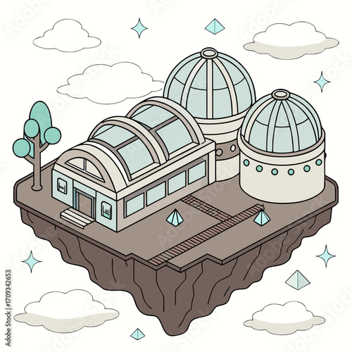 Vector art of isometric illustration of a futuristic observatory on a floating island with clouds and stars, creating a whimsical and dreamy atmosphere