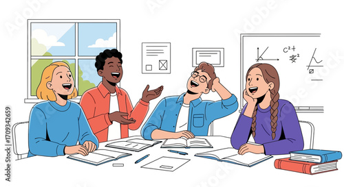 Diverse group of happy students laughing and studying together at a table in a classroom, sharing ideas and knowledge