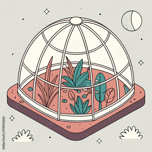 Vector art of isometric illustration of a greenhouse with various plants inside, featuring a dome structure, a moon, and stars in a whimsical and stylized design with pastel colors