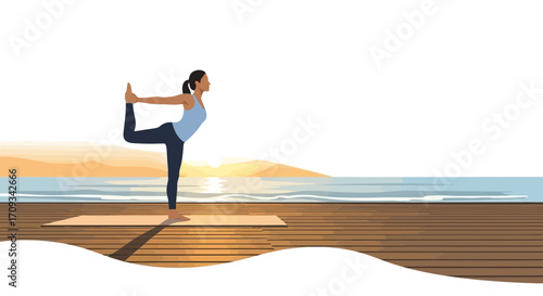 Woman practicing yoga pose on a wooden deck by the ocean at sunrise, promoting wellness and healthy living with a serene, natural backdrop
