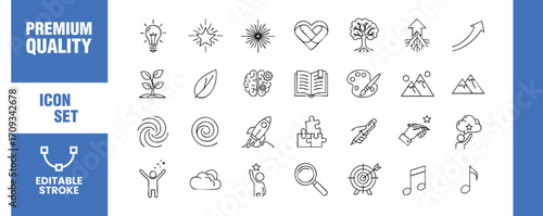 Creative process icon set collection of linear creative, idea, mind, thinking, solution, brainstorm, inspiration, knowledge, learning, education icons