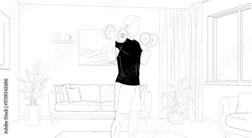 Man with barbell workout in a living room, exercising and strengthening his body at home, healthy lifestyle and fitness concept