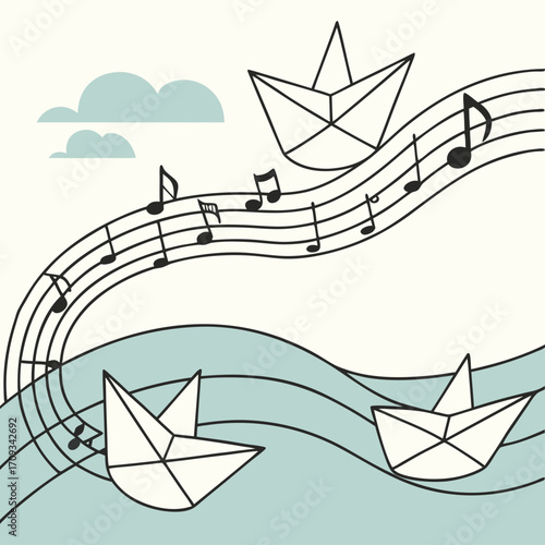 Vector art of paper boats sail on musical waves, creating a harmonious blend of nautical charm and melodic delight, a whimsical scene