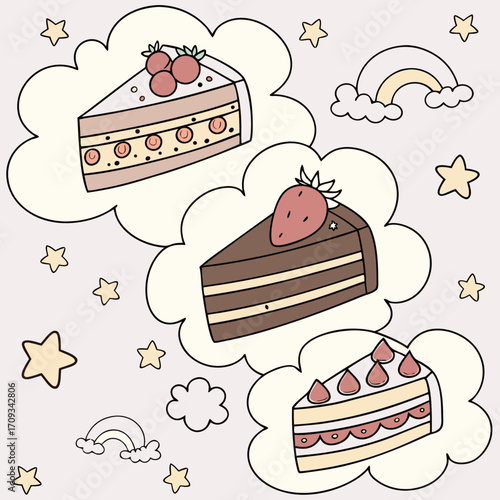 Vector art of three pieces of cake with strawberries and cherries in the clouds, cartoon vector illustration for kids and childrens books