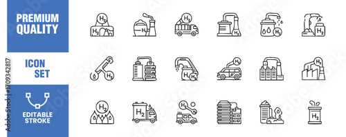 Hydrogen energy line icons set vector illustration of h2, fuel, factory, plant, truck, car, storage, tank, and other hydrogen related objects