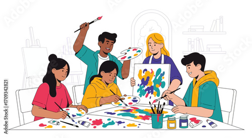 Group of diverse teenagers collaborating on artwork, enjoying painting and creativity in a bright art studio setting