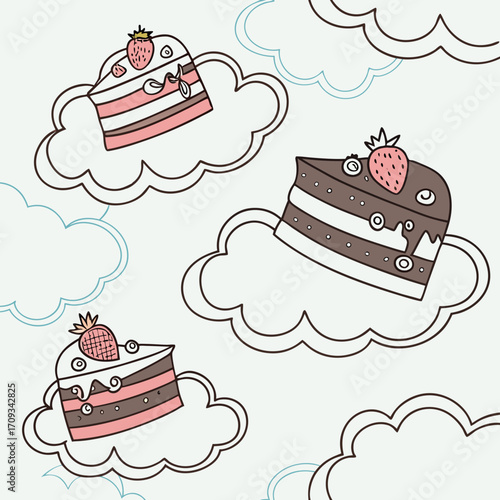 Vector art of three pieces of cake with strawberries in the clouds, cartoon vector illustration for kids and childrens books