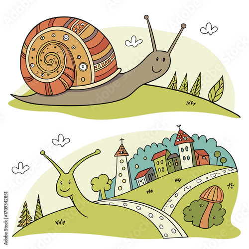 Vector art of two cute snails are crawling on the grass, one is going to the city, cartoon vector illustration for kids and childrens books