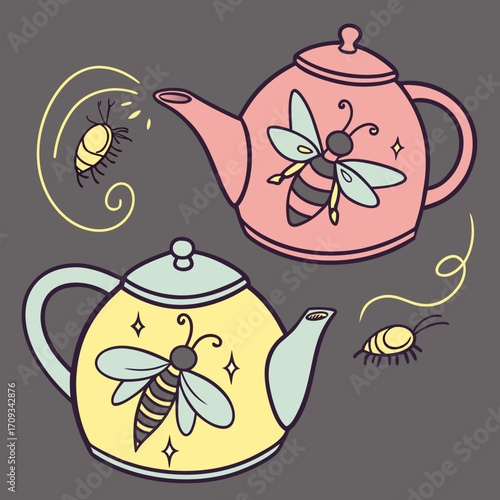 Vector art of two teapots adorned with bee and moth designs, accompanied by flying insects and sparkling stars, set against a gray background, creating a charming and whimsical scene