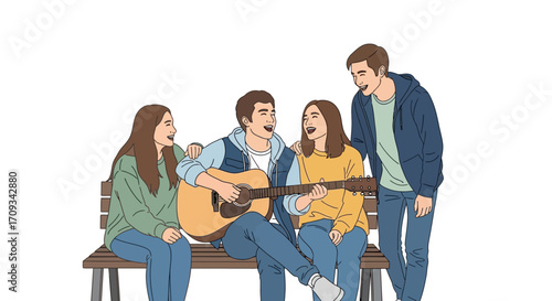 Harmonious Gathering Friends Singing and Playing Guitar Together on a Park Bench Illustration
