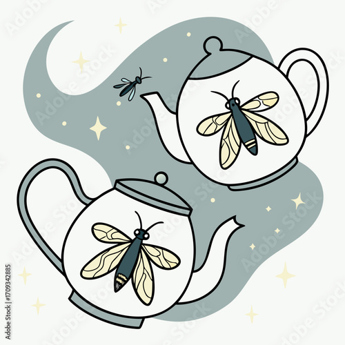 Vector art of two teapots decorated with moth designs, one with a moth flying nearby, set against a gray background with twinkling stars, creating a whimsical and dreamy atmosphere