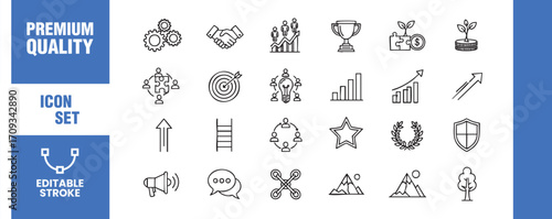 Business and success icon set in outline style includes icons such as gears, handshake, teamwork, trophy, money, growth, target, leadership, chart, arrow, and more